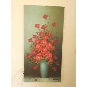 Vintage Original Oil Painting Red Roses in a Green Vase